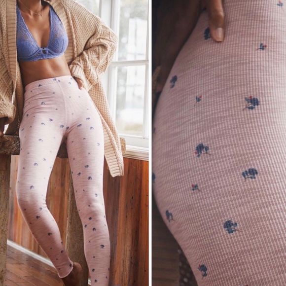 NEW Anthropologie Medium Large M/L Waffle Leggings Thermal Floral Pink Pants - Picture 14 of 15